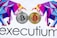 Two stylized Bitcoins, one silver and one gold, are placed side by side. Surrounding them are geometric, colorful designs resembling bulls. The lower part displays the word 'executium'.