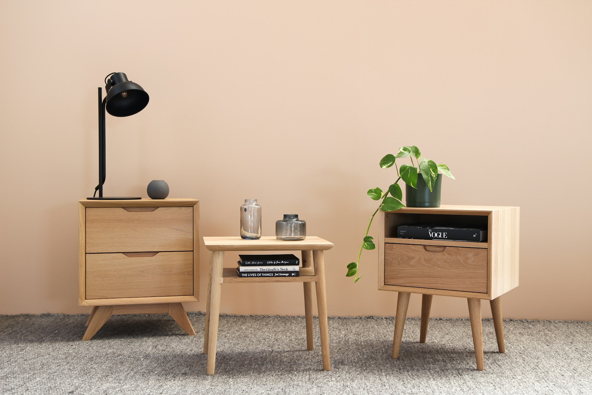 Wooden cabinets and tables with pointed edges.