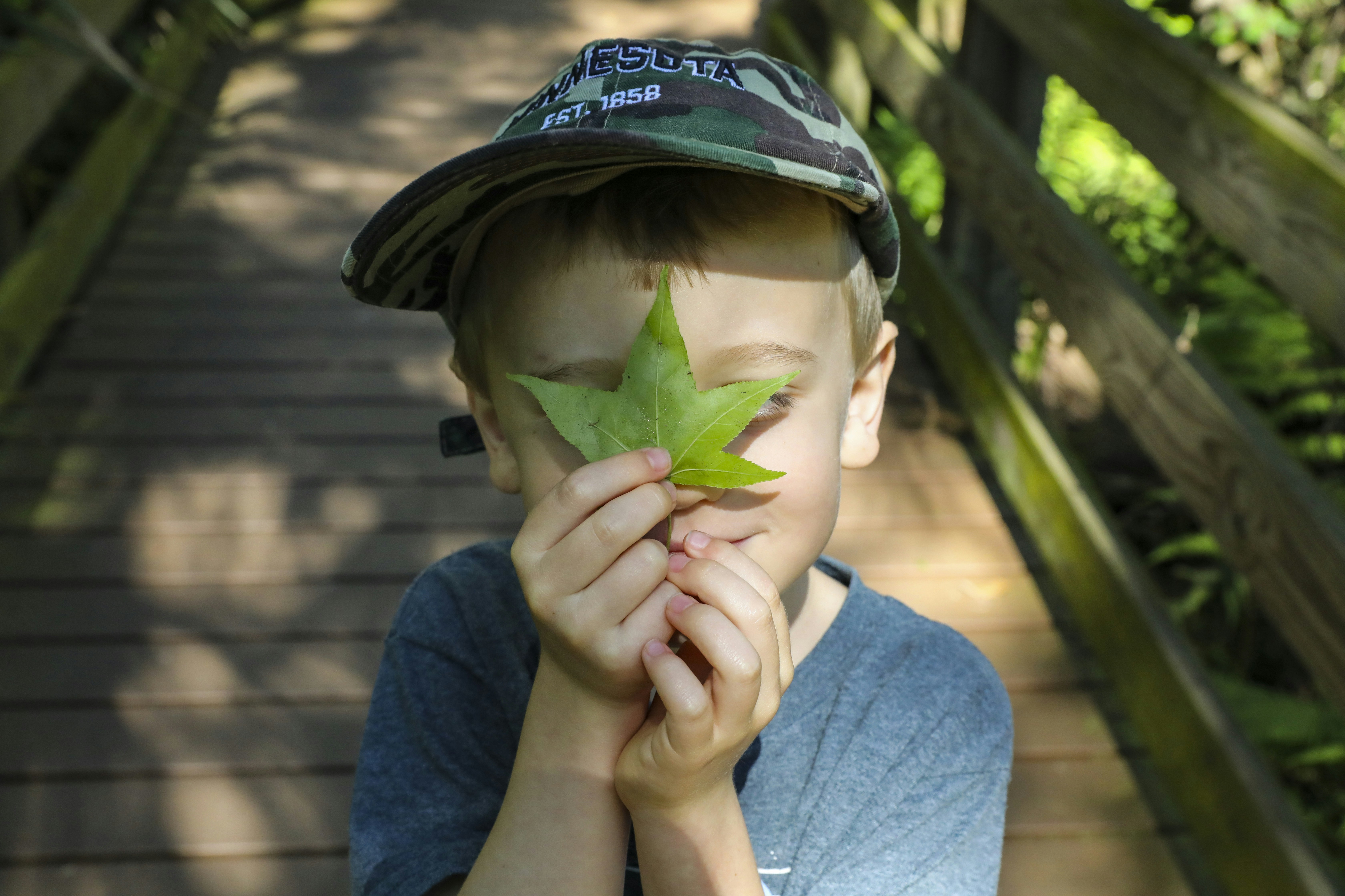 A curious young child gently touching the leaf of a plant in a garden, their face full of wonder and concentration.