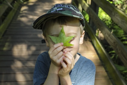 boy in blue crew neck t-shirt holding green leaf