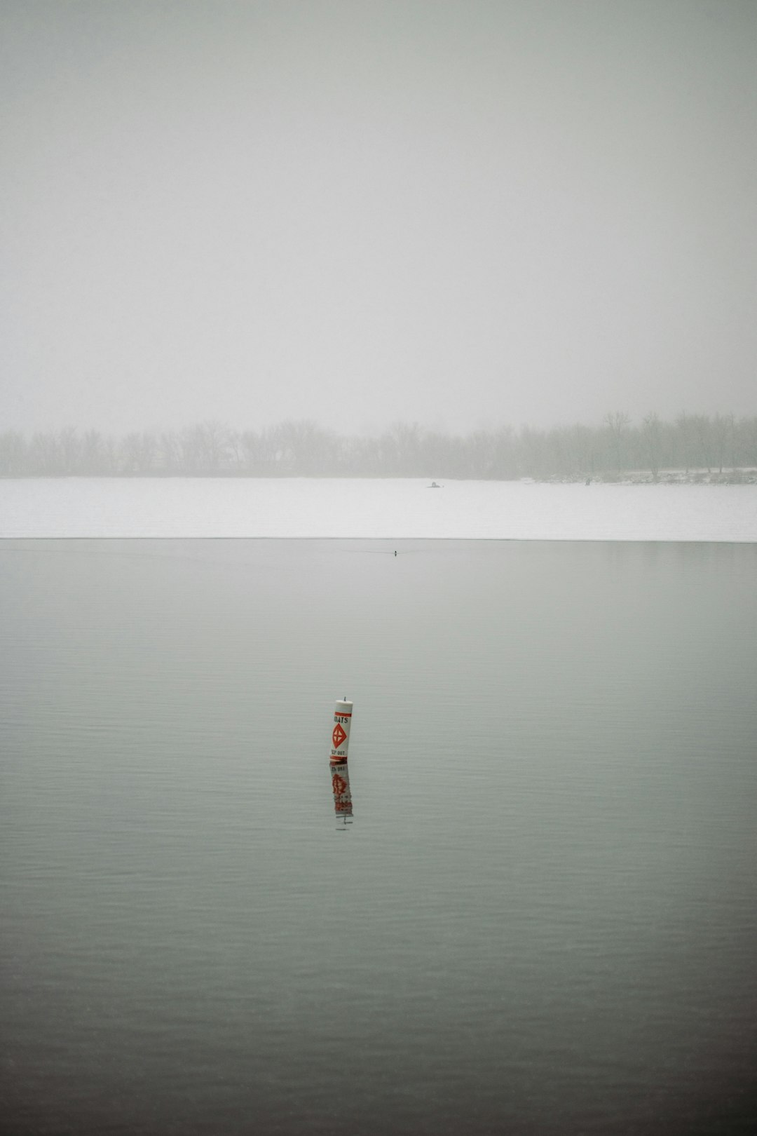 person in red shirt standing on body of water during foggy weather