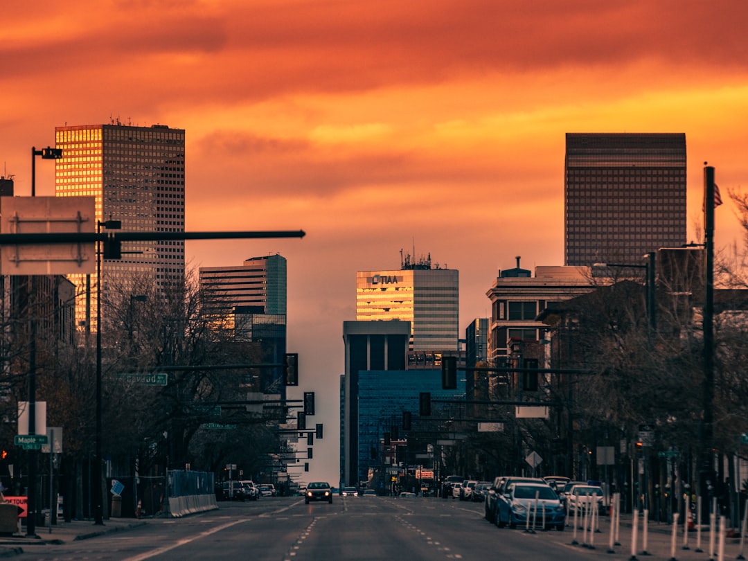 cars on road near high rise buildings during sunset