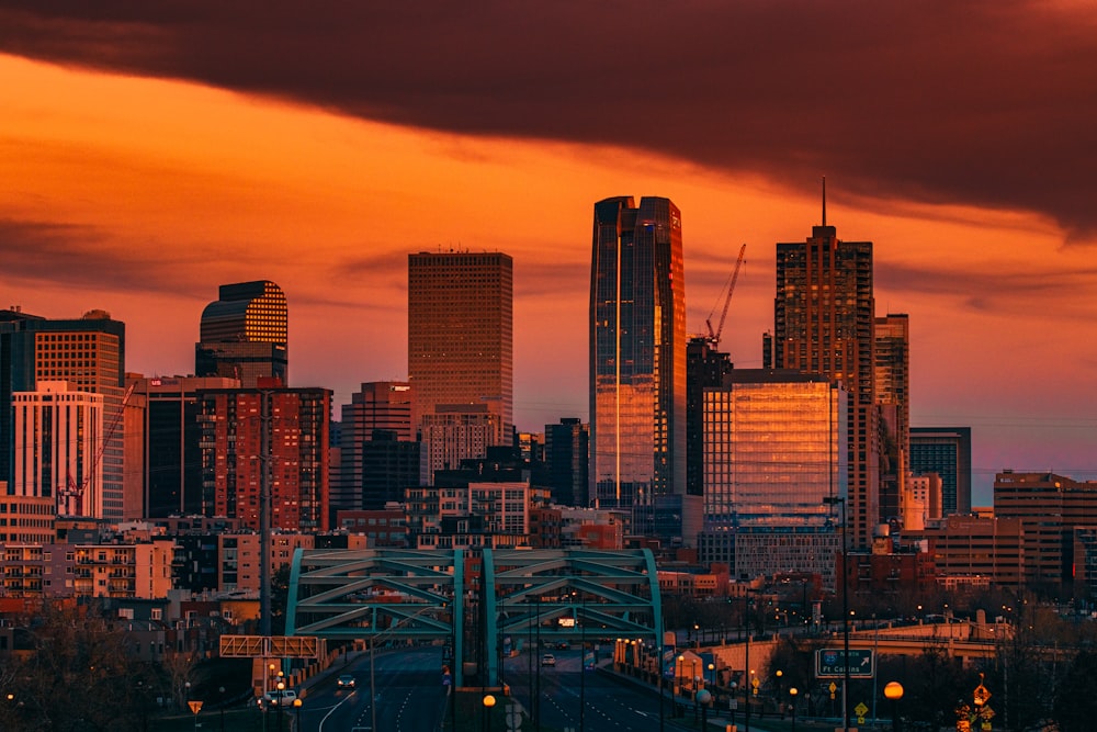 city skyline during night time