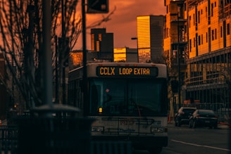 A bus marked with a digital sign 'CCLX Loop Extra' is seen in an urban setting during sunset. The buildings in the background, including skyscrapers, are bathed in a warm orange glow. The street is flanked by bare trees and construction sites. The image evokes a sense of tranquility at dusk.