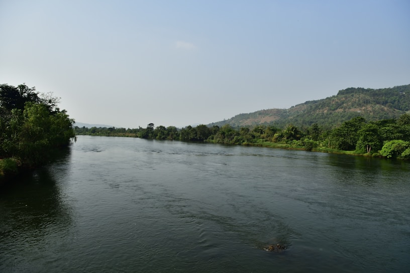 A serene natural landscape with a calm river flowing through lush greenery.