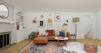 An inviting living room styled with layered rugs, abstract wall art, and a mix of vintage and modern furniture.