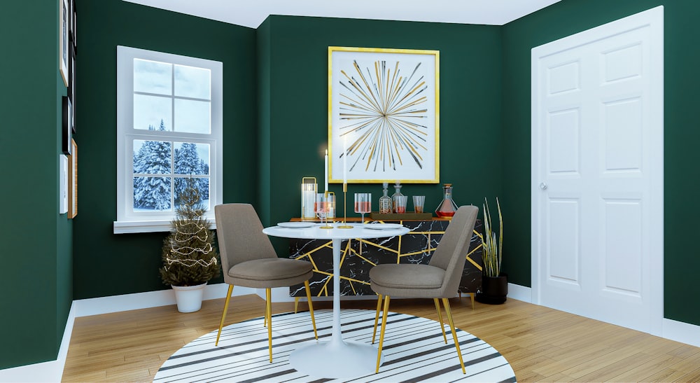 white and brown wooden table with chairs