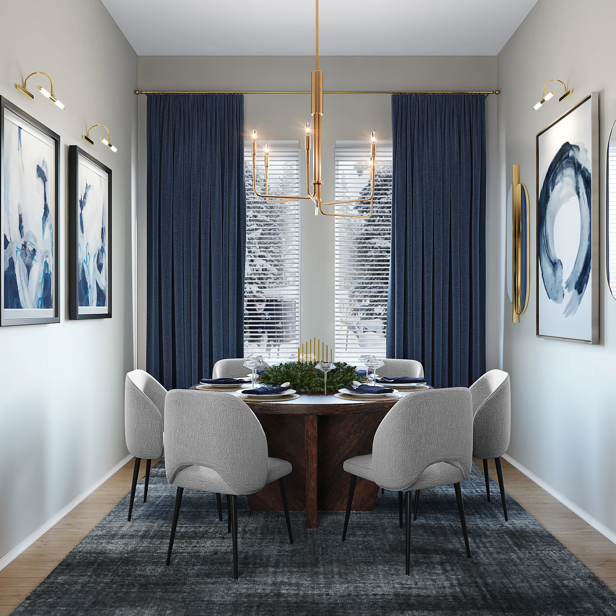 Round dining table with white upholstered chairs and navy curtains