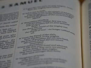 Pages of an open book featuring text in English. The text includes sections that seem to be from a literary or religious text, focusing on poetic or narrative forms.