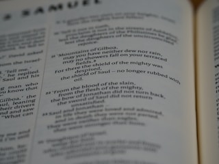 Pages of an open book featuring text in English. The text includes sections that seem to be from a literary or religious text, focusing on poetic or narrative forms.