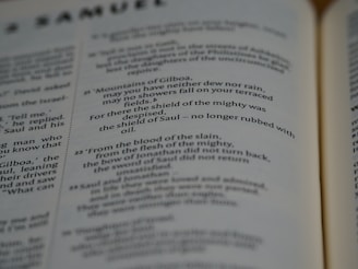 Pages of an open book featuring text in English. The text includes sections that seem to be from a literary or religious text, focusing on poetic or narrative forms.
