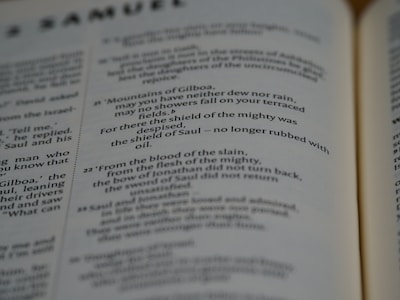 Pages of an open book featuring text in English. The text includes sections that seem to be from a literary or religious text, focusing on poetic or narrative forms.