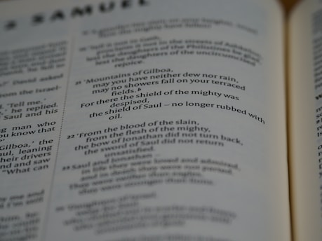 Pages of an open book featuring text in English. The text includes sections that seem to be from a literary or religious text, focusing on poetic or narrative forms.