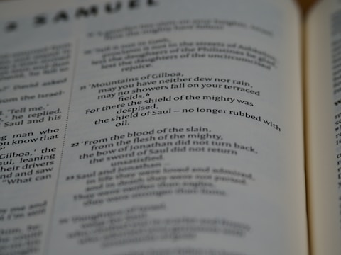 Pages of an open book featuring text in English. The text includes sections that seem to be from a literary or religious text, focusing on poetic or narrative forms.