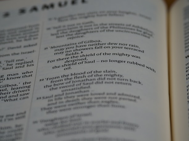 Pages of an open book featuring text in English. The text includes sections that seem to be from a literary or religious text, focusing on poetic or narrative forms.