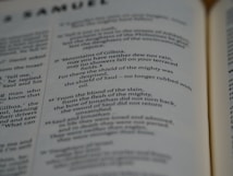 Pages of an open book featuring text in English. The text includes sections that seem to be from a literary or religious text, focusing on poetic or narrative forms.