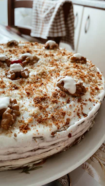 A warm, inviting photo of a freshly baked homemade cake with creamy frosting on a rustic wooden table.