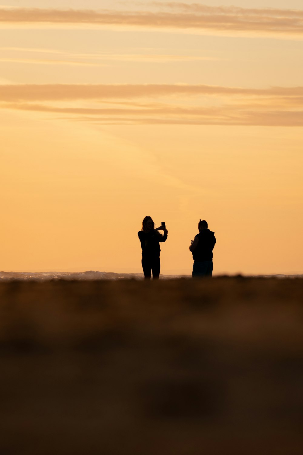 silhouette of 2 person standing on seashore during sunset