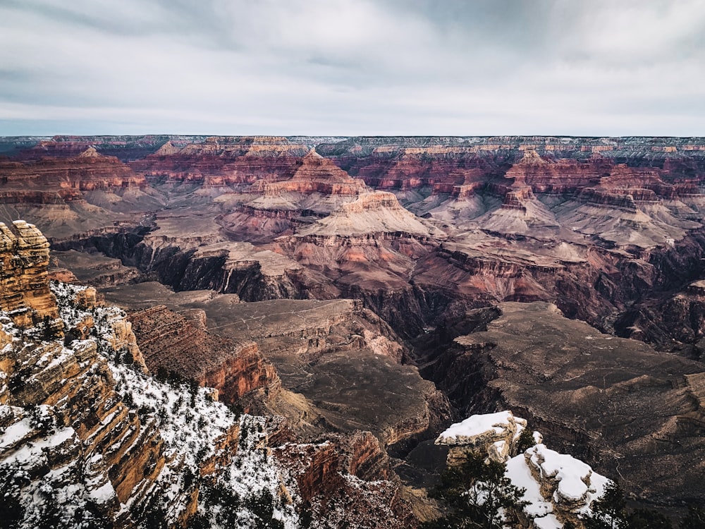 brown and white rocky mountain under gray sky