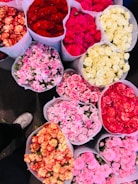 Multiple bouquets of vibrant flowers in various colors are arranged closely together. The flowers include shades of red, pink, white, and peach. They appear fresh and are gathered in translucent paper wrappers.