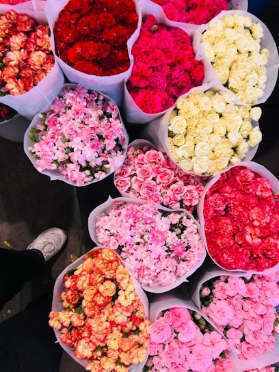 Multiple bouquets of vibrant flowers in various colors are arranged closely together. The flowers include shades of red, pink, white, and peach. They appear fresh and are gathered in translucent paper wrappers.