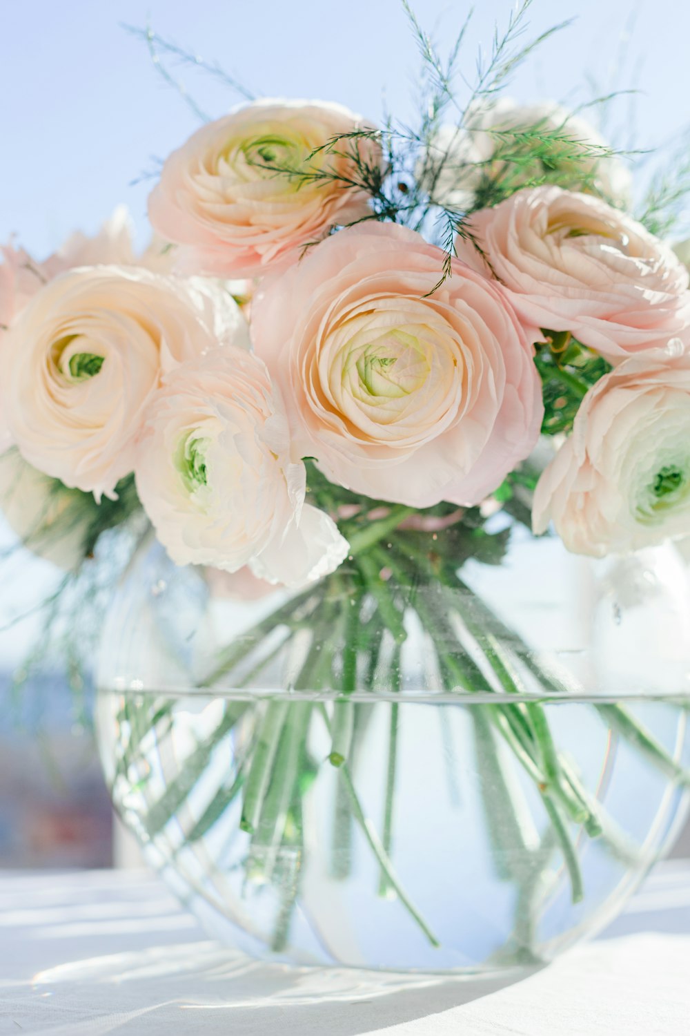 white and pink roses in clear glass vase