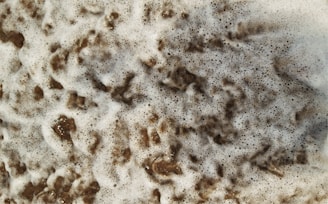 Foamy bubbles spread across a muddy surface, with a mixture of brown and white colors creating an intricate texture. The bubbles are dense and vary in size, covering the underlying material.