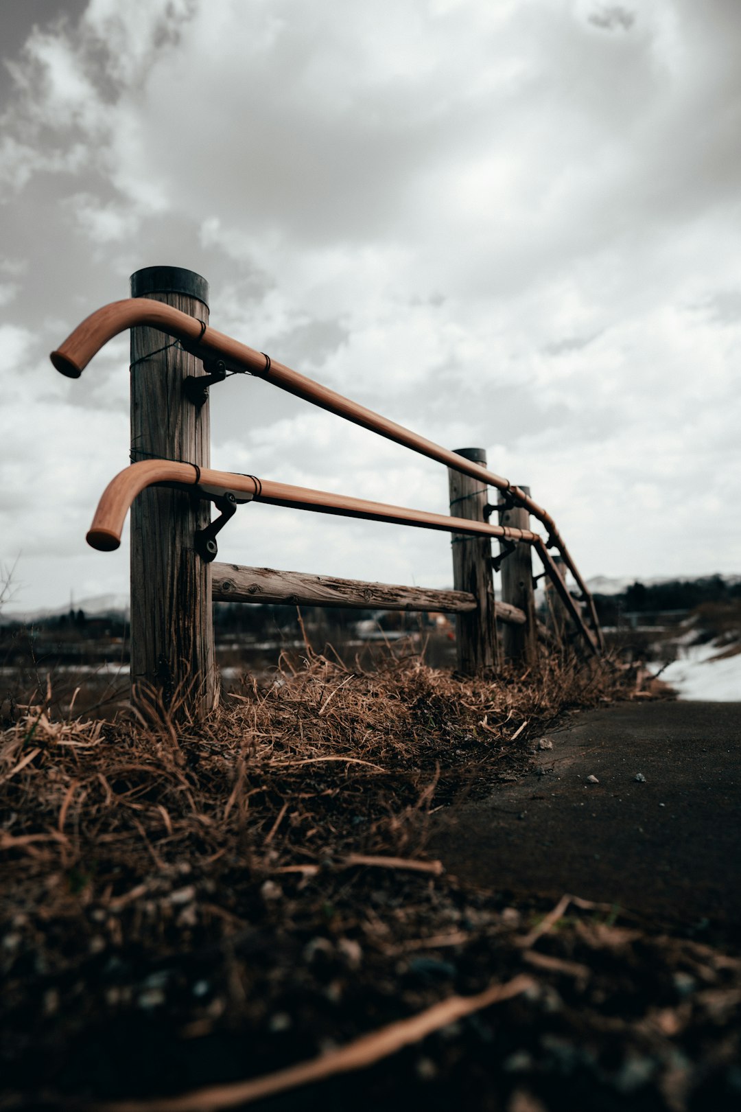 brown metal railings on brown grass field near body of water during daytime