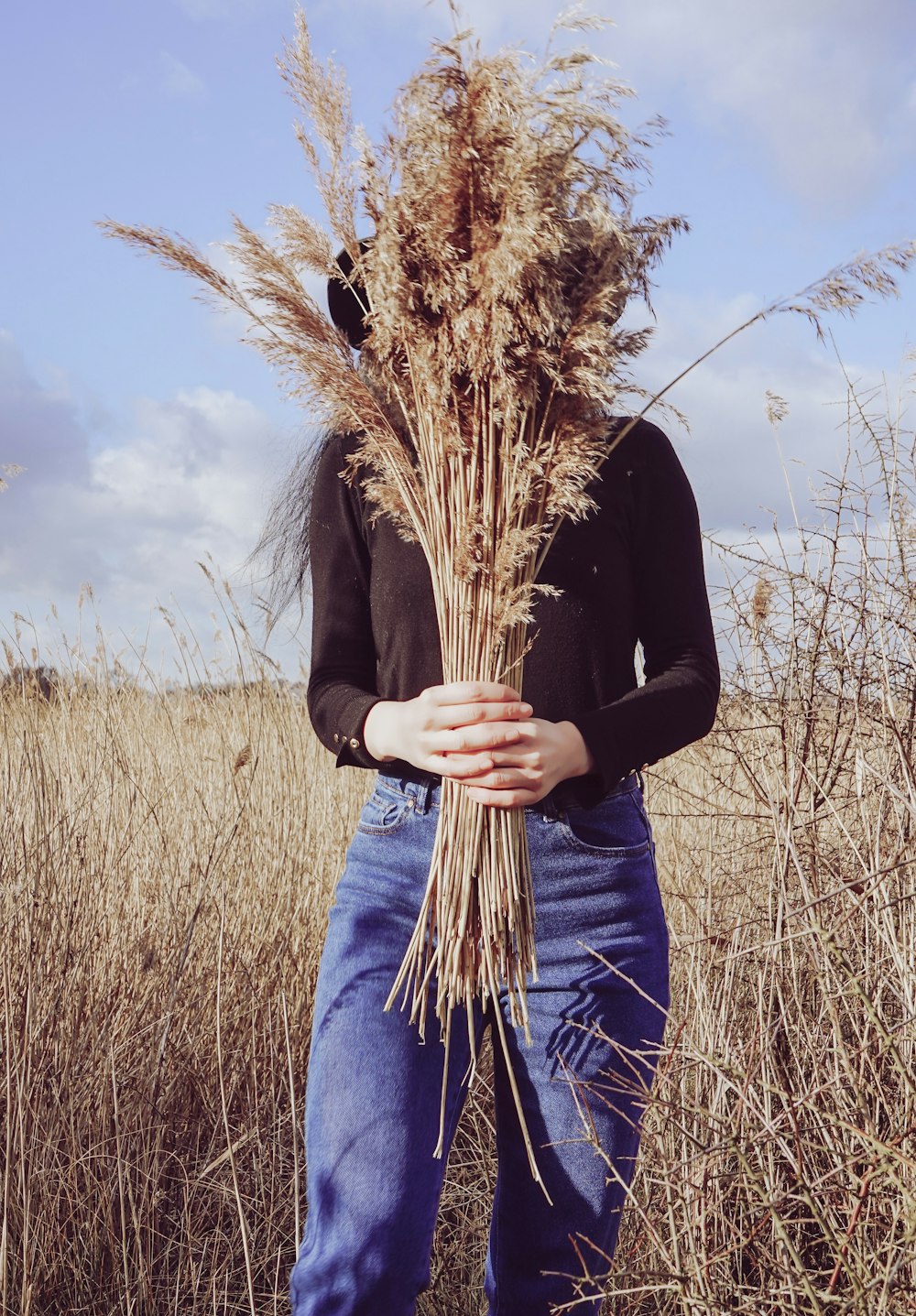 woman in black long sleeve shirt and blue denim jeans holding brown wheat