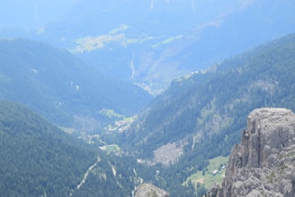 A panoramic view of the lush green mountains surrounding a quaint Colombian village.