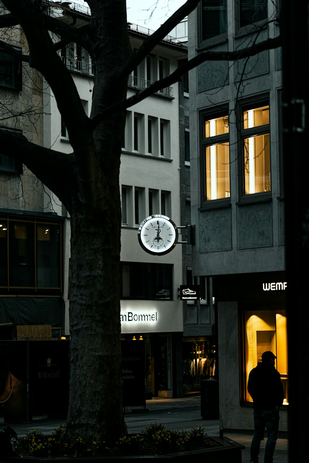 black and white building near tree during night time