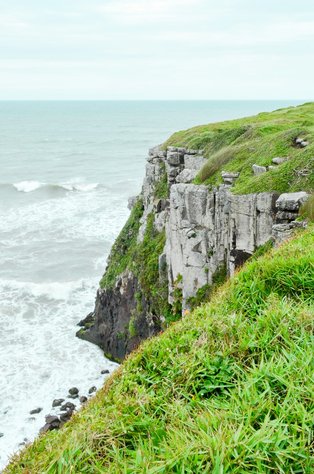 green grass on rocky mountain beside sea during daytime