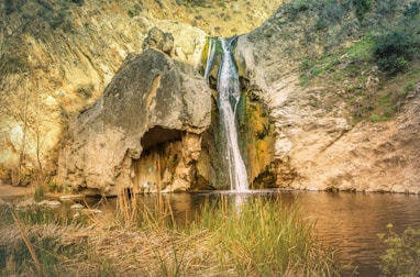 waterfalls in the middle of green grass field