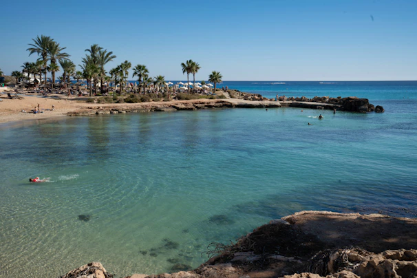 A scenic beach with turquoise waters and palm trees, perfect for a budget family holiday.