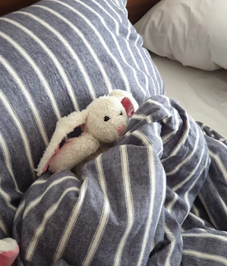 A soft, cuddly plush bunny with a custom embroidered name tag resting on a cozy baby blanket.