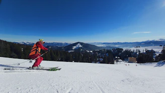 A skier checking an avalanche transceiver strapped to their chest before heading into a backcountry slope.