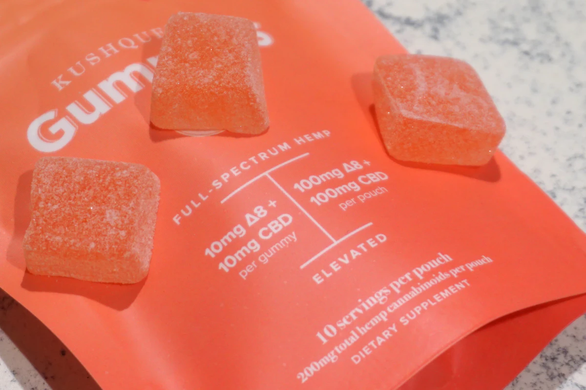 Cannabis gummy pouch label showing milligrams per gummy, milligrams per pouch, and servings per package