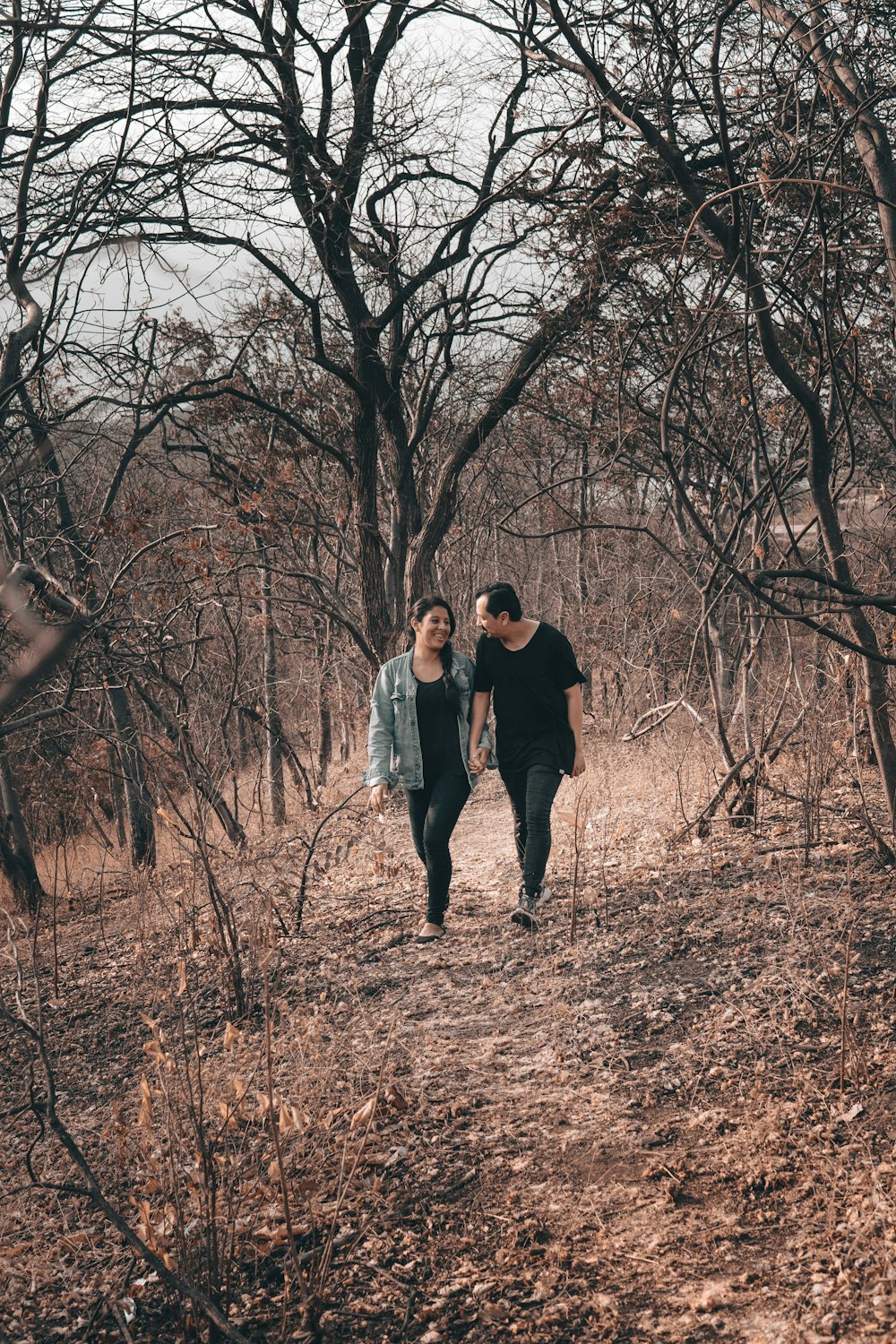 a couple of people walking through a forest