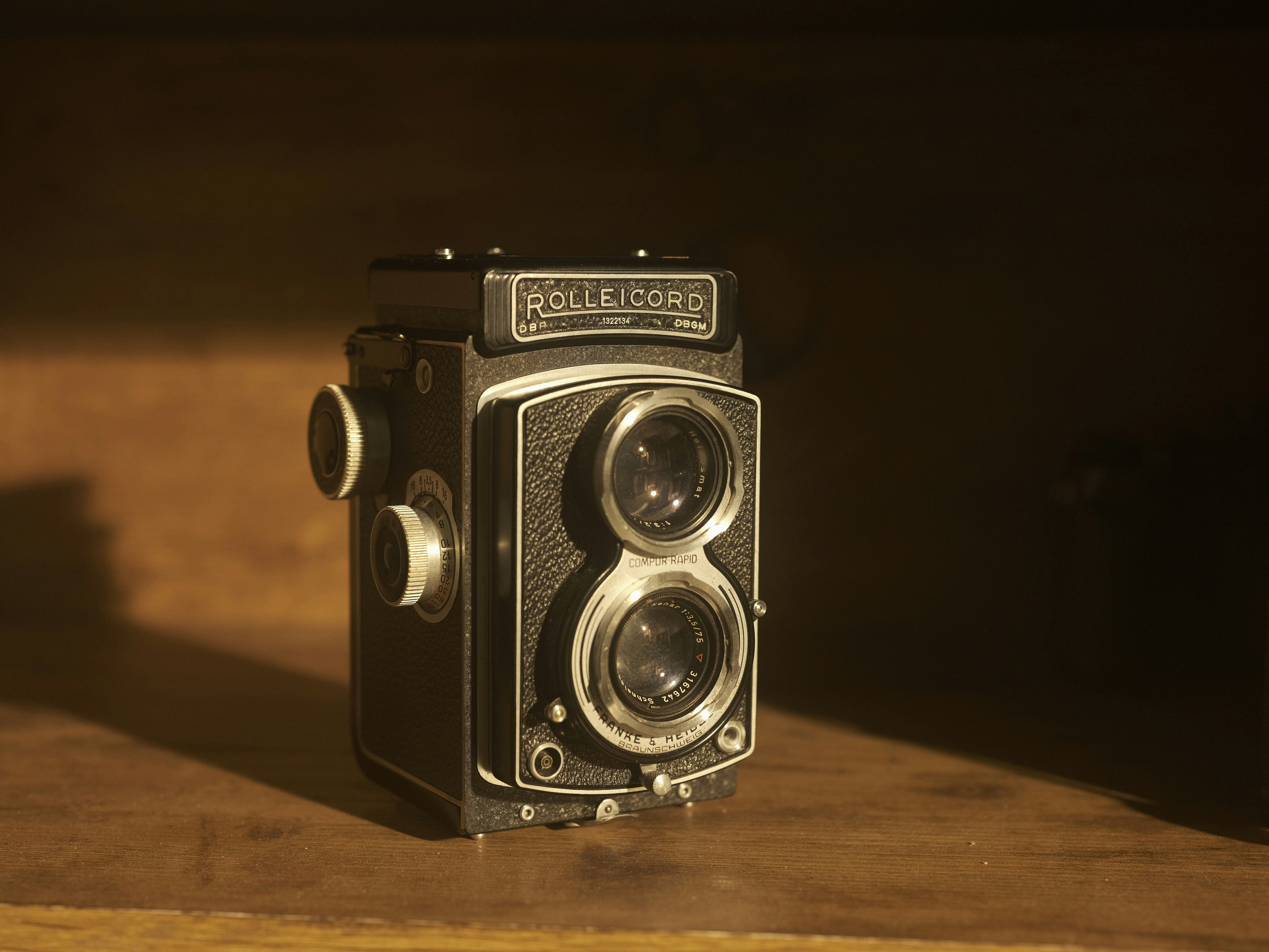 A Rolleicord medium format film camera on a shelf. Shot with Fujifilm GFX50S.