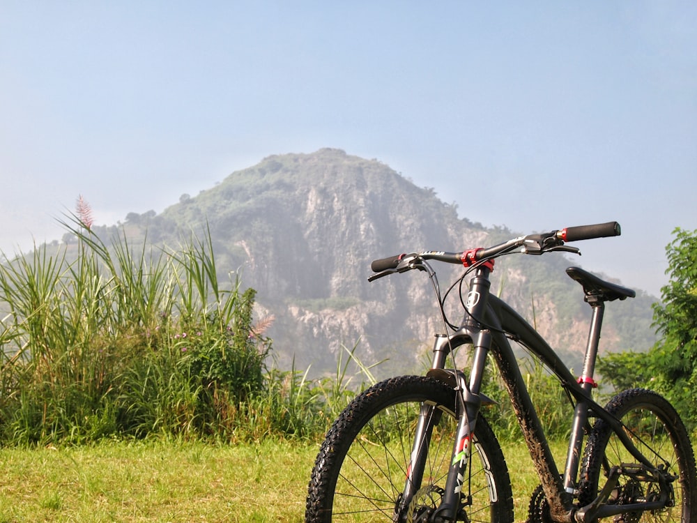 black mountain bike on green grass field during daytime