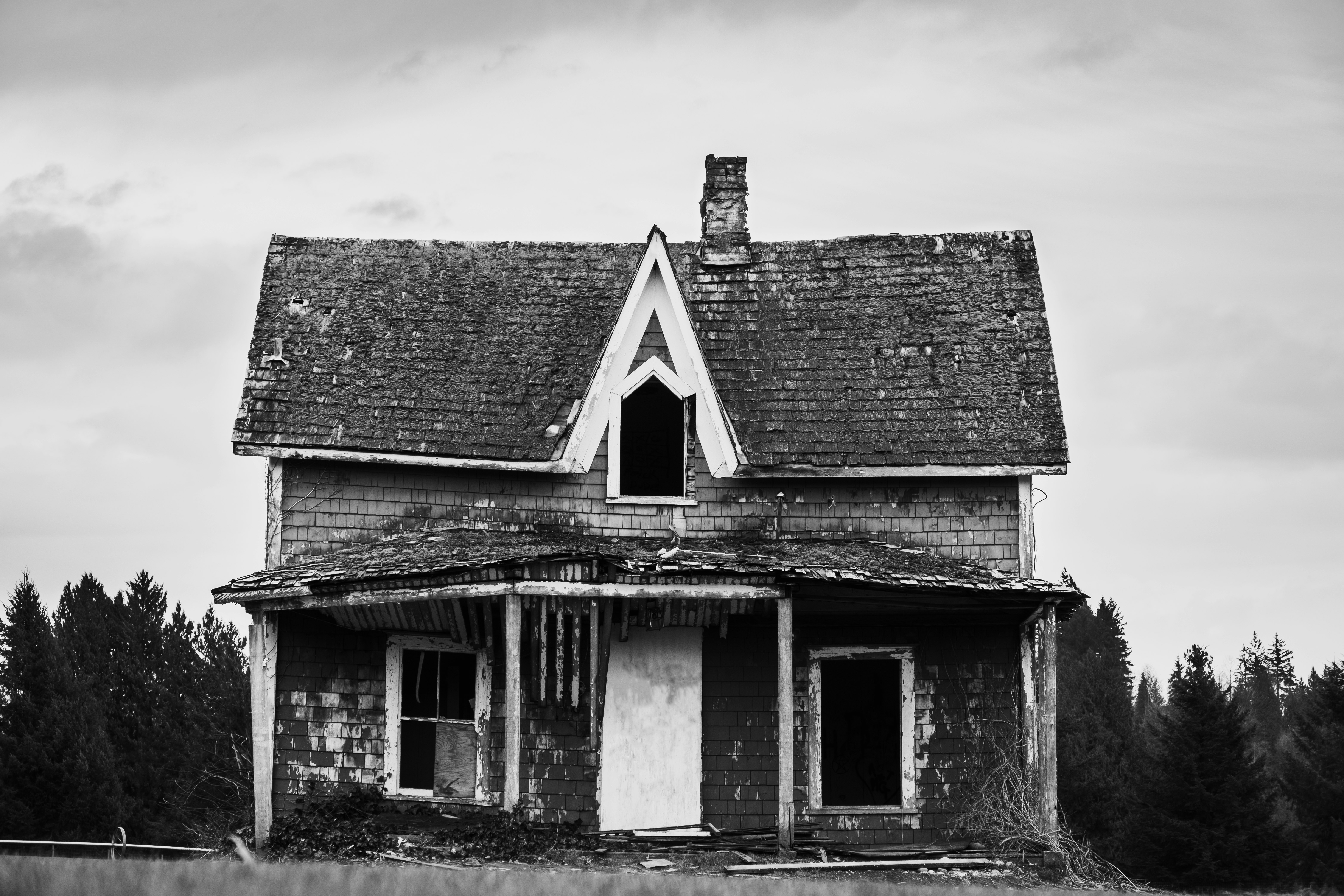 grayscale photo of wooden house