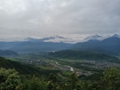 A panoramic view of a serene Himalayan valley with a winding river and scattered villages.