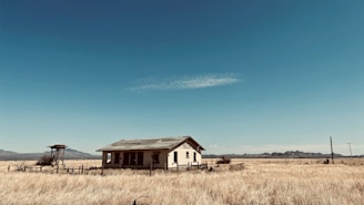 white and brown house on brown grass field under blue sky during daytime