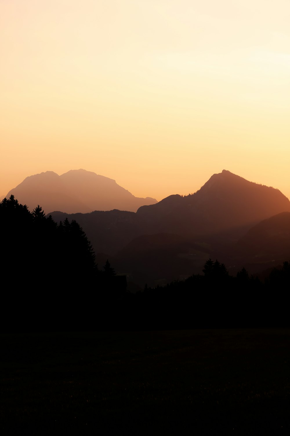 silhouette d’arbres et de montagnes au coucher du soleil