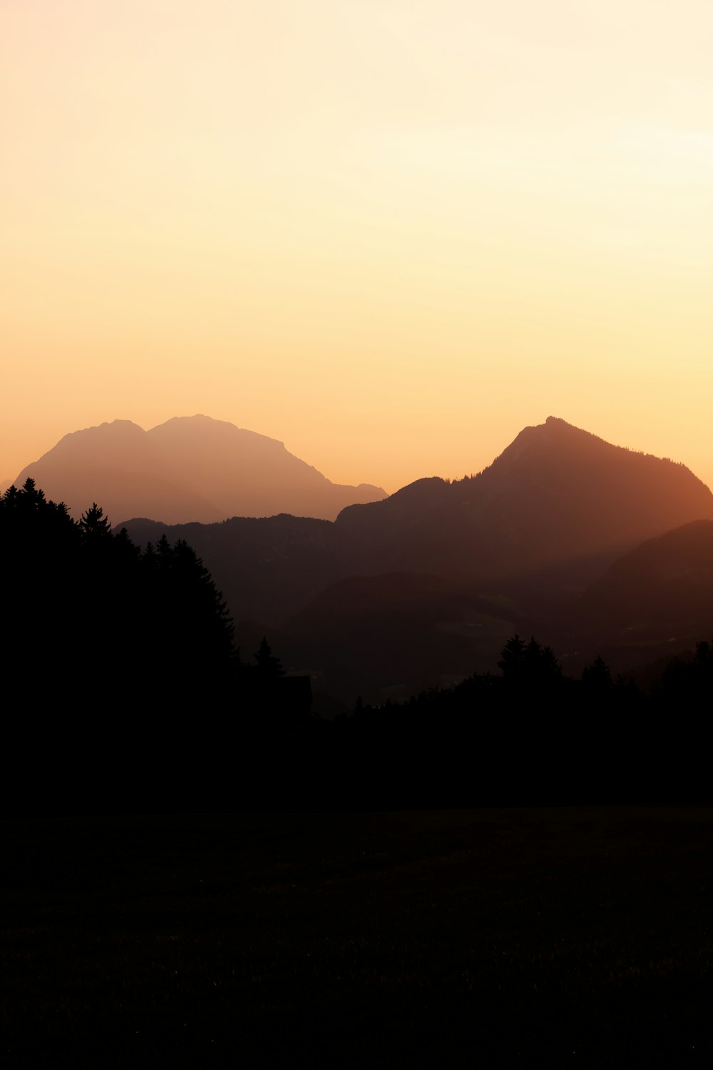 silhouette of trees and mountains during sunset