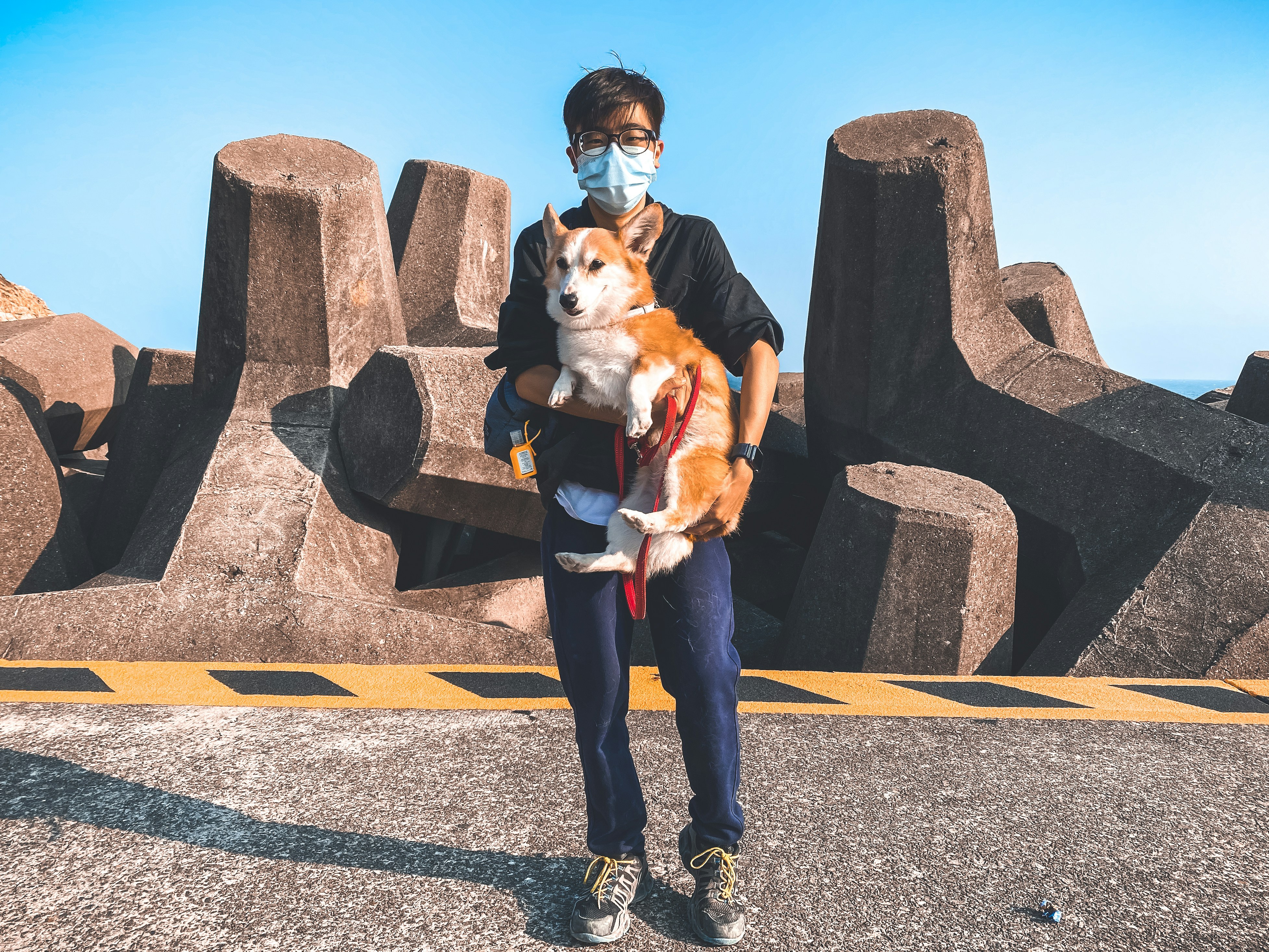 woman in black pants and black boots holding brown and white dog