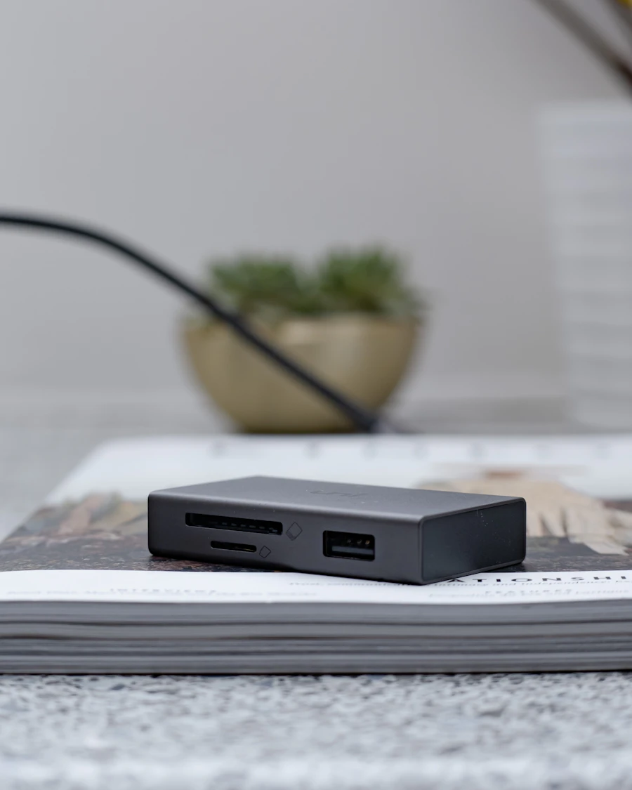 Compact modular USB-C docking hub on a desk