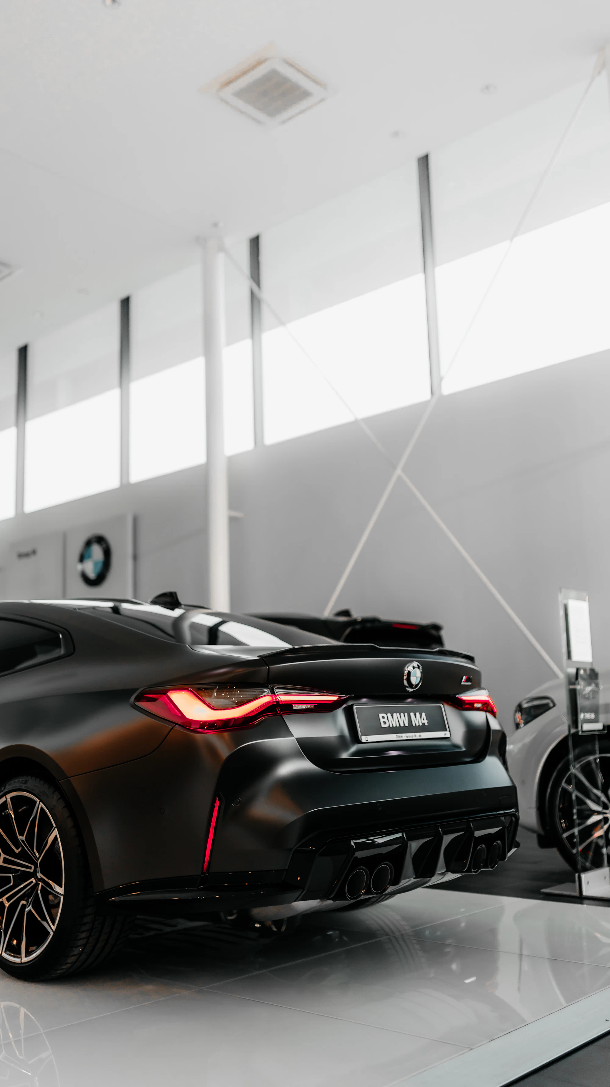 A new car in a bright dealership showroom