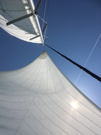 A dramatic upward view of a boat's sails set against a clear blue sky. The sails are billowing and capturing sunlight, creating a sense of motion and adventure. White lines and shadows are visible on the sails, adding texture and depth.