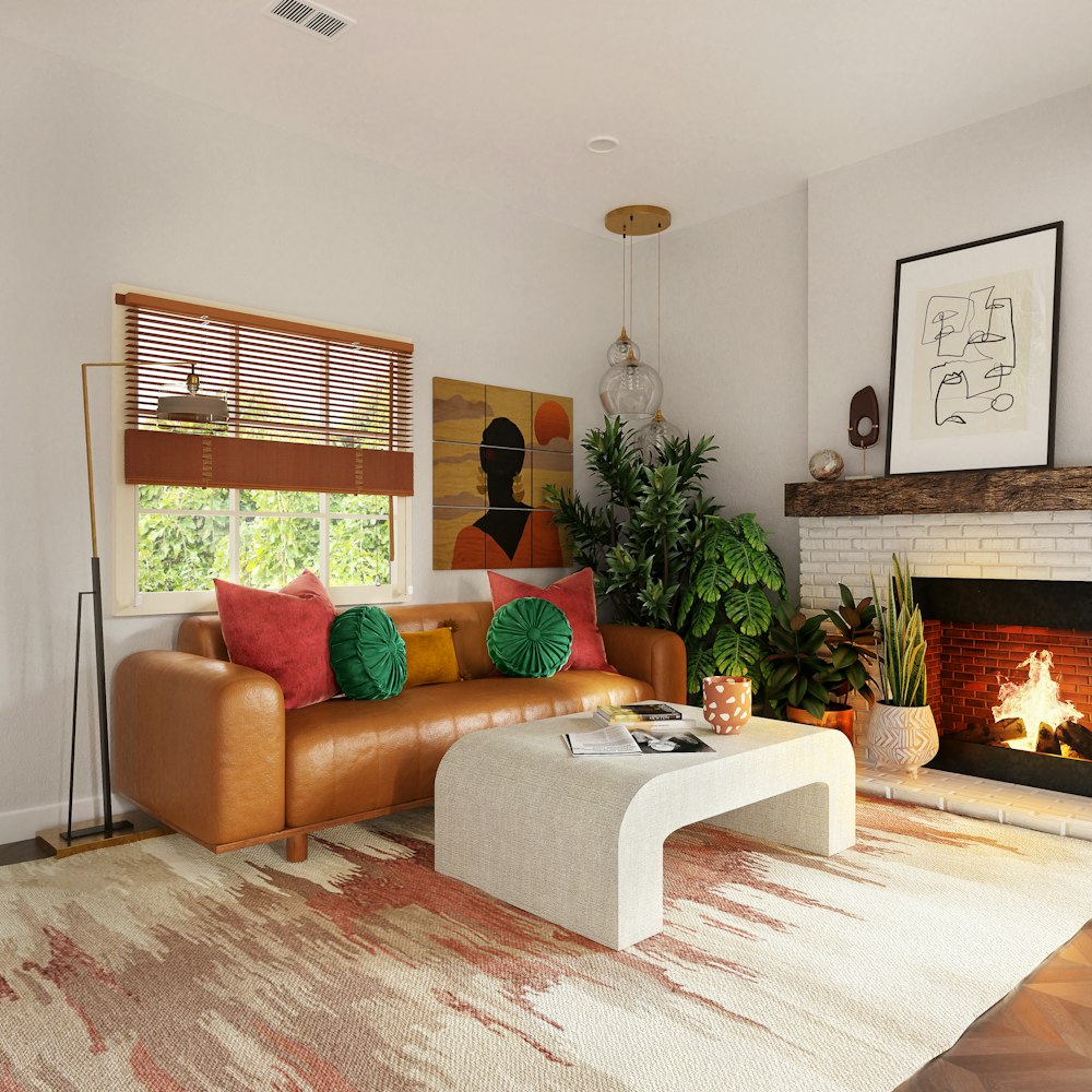 brown and white living room set